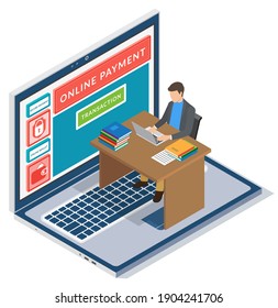Mobile payment or money transfer with laptop concept. E-commerce market shopping online isometric illustration. Businessman using easy online payment service sitting at a table with computer