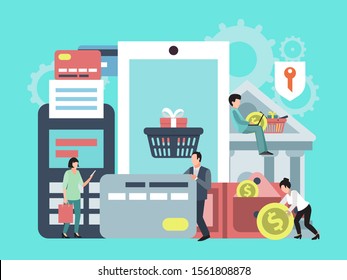 Mobile payment, money transfer or online shopping concept vector illustration. Phone application for on line payments, business transactions