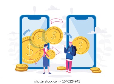 Mobile payment, money transfer, transaction, Golden coins in big smartphone with business people. Vector illustration for web, print, presentation.