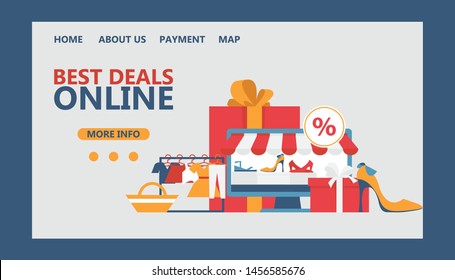 Mobile payment or money transfer vector webillustration. E-commerce market shopping online with sale, gift boxes nd ladies shoes. Template for web landing page, banner, presentation.
