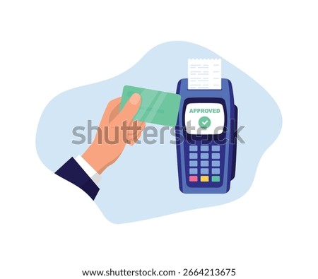 Mobile payment. NFC payments. Online payment. Contactless payment concept. E-payment. POS terminal with credit card. Credit card or contactless payment. Vector illustration