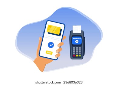 Mobile payment. NFC payments. Smartphone with online payment. Credit card on screen phone. Contactless payment concept. E-payment. POS terminal with credit card. Vector illustration