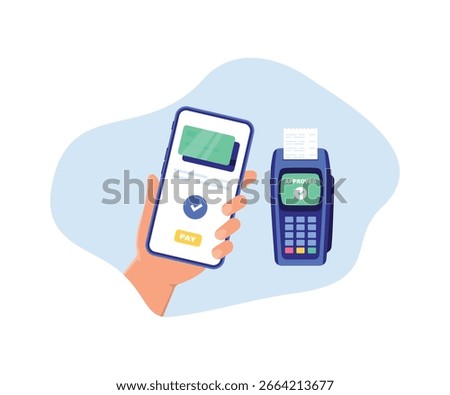 Mobile payment. NFC payments. Smartphone with online payment. Credit card on screen phone. Contactless payment concept. E-payment. POS terminal with credit card. Vector illustration