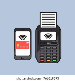 Mobile payment nfc payments.Mobile banking.POS terminal confirms the payment made through mobile phone.Vector Illustration.