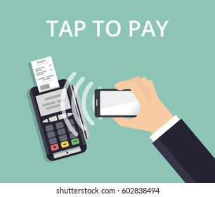 Mobile Payment and NFC technology concept. Pos terminal confirms payment from smartphone. Flat style vector illustration.