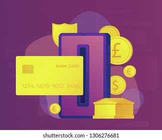 Mobile payment online banking concept. Gold bank building. Web banner or poster. Vector illustration.