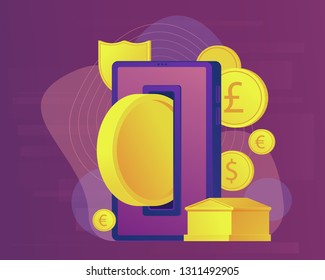 Mobile payment online banking concept. Gold bank building and coin. Web banner. Vector illustration.