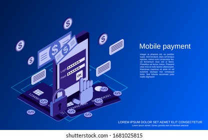 Mobile payment, online banking, financial transaction flat isometric vector concept illustration