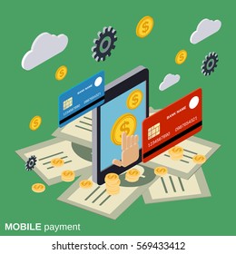 Mobile payment, online banking, financial transaction flat isometric vector concept illustration