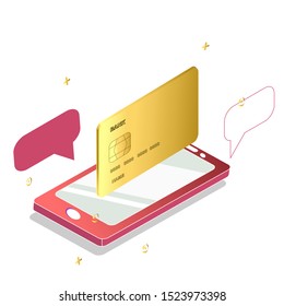 mobile payment ,online shopping concept. mobile phone with credit card  isometric vector