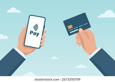Conceito de pagamento móvel e transação on-line com cartão de crédito de desenho animado plano e Smartphone, Ilustração de vetor. Carteira digital, pagamento sem contato, banco seguro, compra de comércio eletrônico