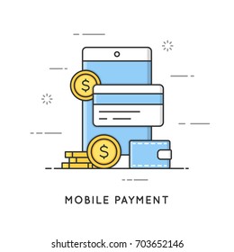 Mobile payment, online transactions and banking. Flat line art style concept. Vector banner, icon, illustration. Editable stroke.