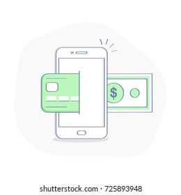 Mobile payment, pay with credit card and smartphone. Contactless, NFC payment,  money transfer illustration concept. Flat outline creative vector concept.