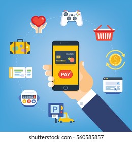 Mobile Payment, Pay for services, Marketing Solution. Hand with phone, button pay. Icons meter, ticket, card, parking, site, suitcase, coin, joystick, basket. Vector illustration, flat style.