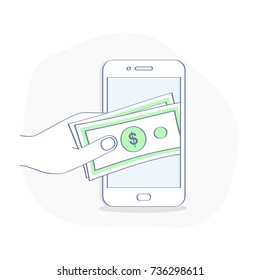 Mobile payment, pay with smartphone. Contactless, NFC payment, money transfer illustration concept. Flat outline creative vector concept.