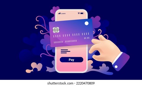 Mobile payment - Phone with credit card and hands clicking pay button. Vector flat lay illustration with gradient dark colours