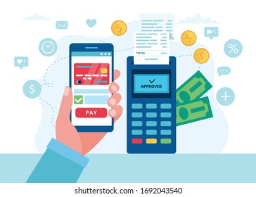 Mobile payment with POS terminal, shopping concept. Vector illustration in flat style