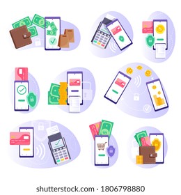 Mobile payment. POS-terminal payment, smartphone money transfer and e-wallet replacement set. Mobile payment and internet banking, business finance pay, transaction online vector illustration