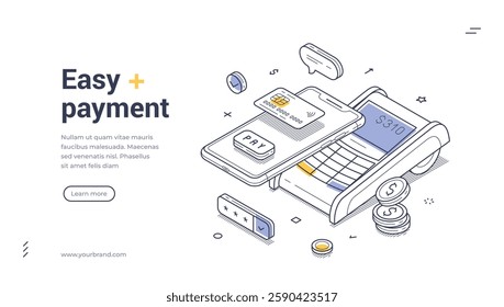 Mobile payment process with a smartphone and card reader. Web banner template. The layout is suitable for promoting digital payment methods. Vector illustration