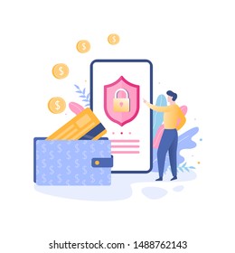 Mobile payment protection concept. Secure digital transaction, safe purchase in online shop. Isolated flat vector illustration
