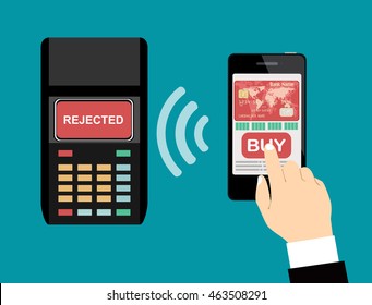  mobile payment, rejected transaction. Hand holding smartphone with credit card, pay button, POS terminal with rejected on screen. Mobile banking concept. Modern flat design vector illustration