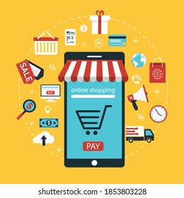 Mobile payment with related elements. e-commerce concept and online shopping icons.vector illustration in flat style modern design. Pay per click.