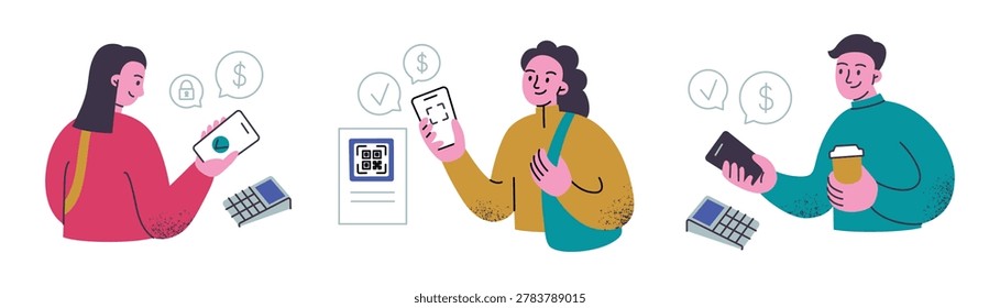 Mobile payment scenes set, flat cartoon characters making contactless payments with smartphones. People using payment app at POS terminal, scanning QR code. Cashless transaction vector illustration