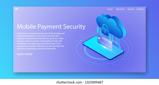 Mobile payment security isometric concept. Cloud data encryption services credit card.Web template design.vector illustration.