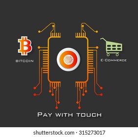 Mobile payment in security mode concept. Pay with touch, Bitcoin and e-commerce. Vector info graph illustration.