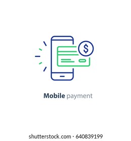 Mobile payment services, phone finances app, financial banking technology, vector line icon