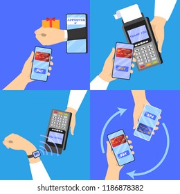 Mobile payment set. Collection of digital money transaction through modern device. Electronic technology concept. Vector illustration in cartoon style