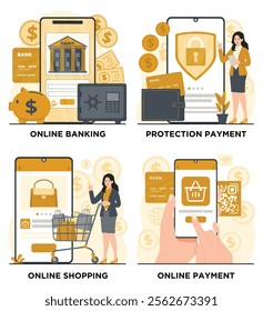 Mobile payment set concept online payment online shopping online banking protection payment