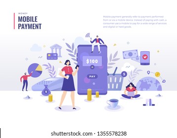 Mobile payment, shopping, banking concept. Money transfers with mobile devices. NFC technology. Flat design illustration for web banners and printed materials