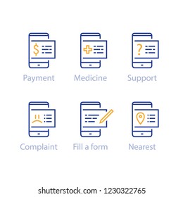 Mobile payment, smartphone application, medicine access, distant support and guidance, send a complaint, fill online form, electronic communication, e-government concept, provide public services