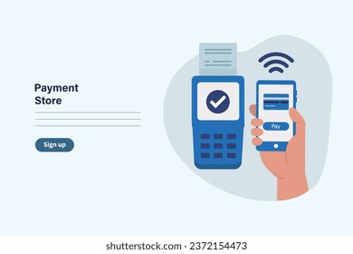 Mobile payment. Smartphone with online payment capabilities. Credit card on screen phone. Online Shopping. NFC payments. Banking, financial applications and electronic payments.