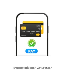 Mobile payment. Smartphone with online payment. Credit card on the phone screen. Online shopping. NFC payments. Banking, financial application and electronic payments. Vector illustration