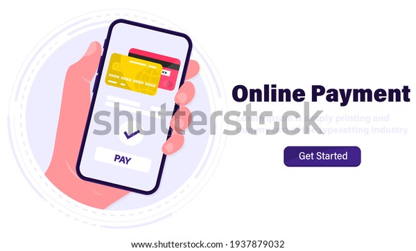 Mobile Payment. Smartphone with Online\
Payment. Credit card on screen phone. Online shopping. NFC\
payments. Banking, Finance app and e-payment. Pay by credit card\
via electronic wallet\
wirelessly