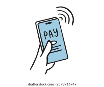 mobile payment with smartphone or pay text with phone doodle hand drawn icon. Outline drawing mobile payment line clipart symbol. Vector illustration