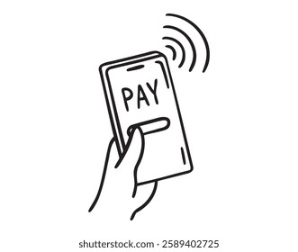 mobile payment with smartphone or pay text with phone doodle hand drawn icon. Outline drawing mobile payment line clipart symbol. Vector illustration