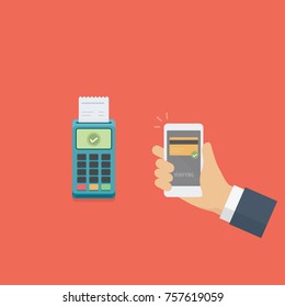 Mobile payment with smartphone and pos machine, Near field communication technology, Cashless payment illustration