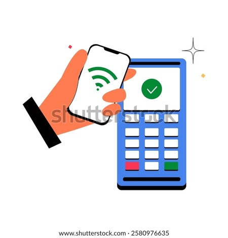 Mobile Payment With Smartphone Using Contactless Technology On POS Terminal. Flat Vector Illustration About Digital Wallet, Wireless Transactions, And Secure Payments, Isolated On White