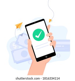 Mobile Payment Success, Received And Tranfer With Checkmark On Screen. Hand Holding Smart Phone Transaction, Sending And Receiving Money With Online Banking Payment App. Flat Vector Illustration