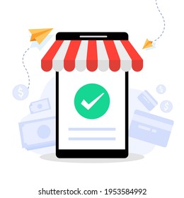 Mobile payment success, received and tranfer with checkmark on screen. Smart phone transaction for people sending and receiving money with online banking payment app. Flat vector illustration.