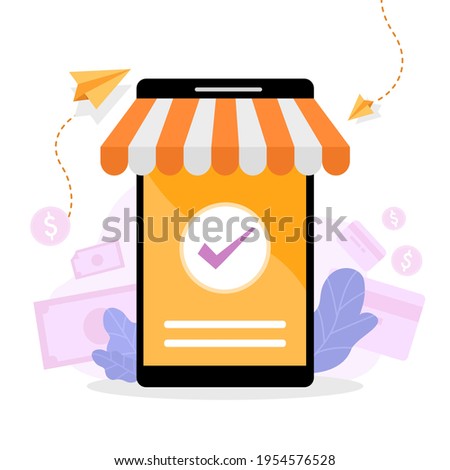 Mobile payment success, received and tranfer with checkmark on screen and awning. Smart phone transaction for sending and receiving money with online banking payment app. Flat vector illustration.