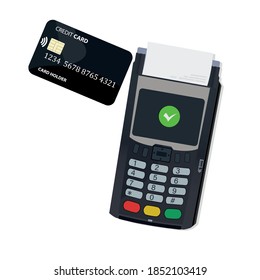 Mobile payment technology concept via POS and NFC. Payment from the card, bringing the card to the POS terminal. 
isolated on white background. Flat vector illustration