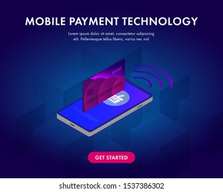 Mobile Payment Technology - online shopping with smartphone 3d isometric vector concept. Credit bank card, security, basket icon and button Pay Now on the phone screen.