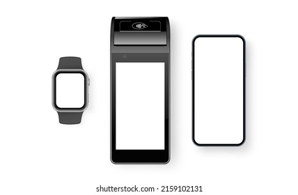 Mobile Payment Terminal Mockup With Smartphone and Smartwatch, Top View. Vector illustration