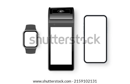 Mobile Payment Terminal Mockup With Smartphone and Smartwatch, Top View. Vector illustration