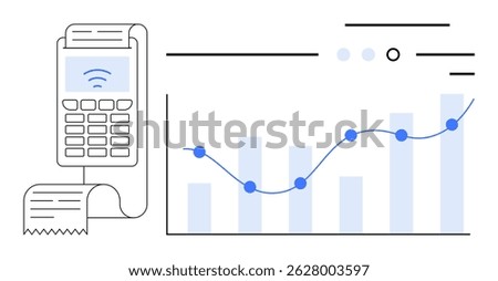 Mobile payment terminal printing receipt, displayed beside data analytics chart with rising trend line. Ideal for financial transactions, digital payments, retail analytics, economic growth, business