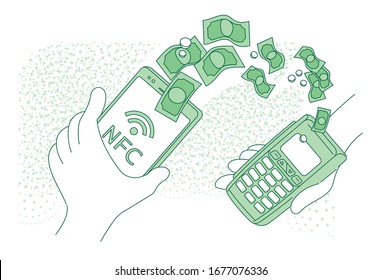 Mobile payment terminal thin line concept vector illustration. Person making payment with smartphone 2D cartoon character for web design. NFC pay, money transfer, e-wallet creative idea